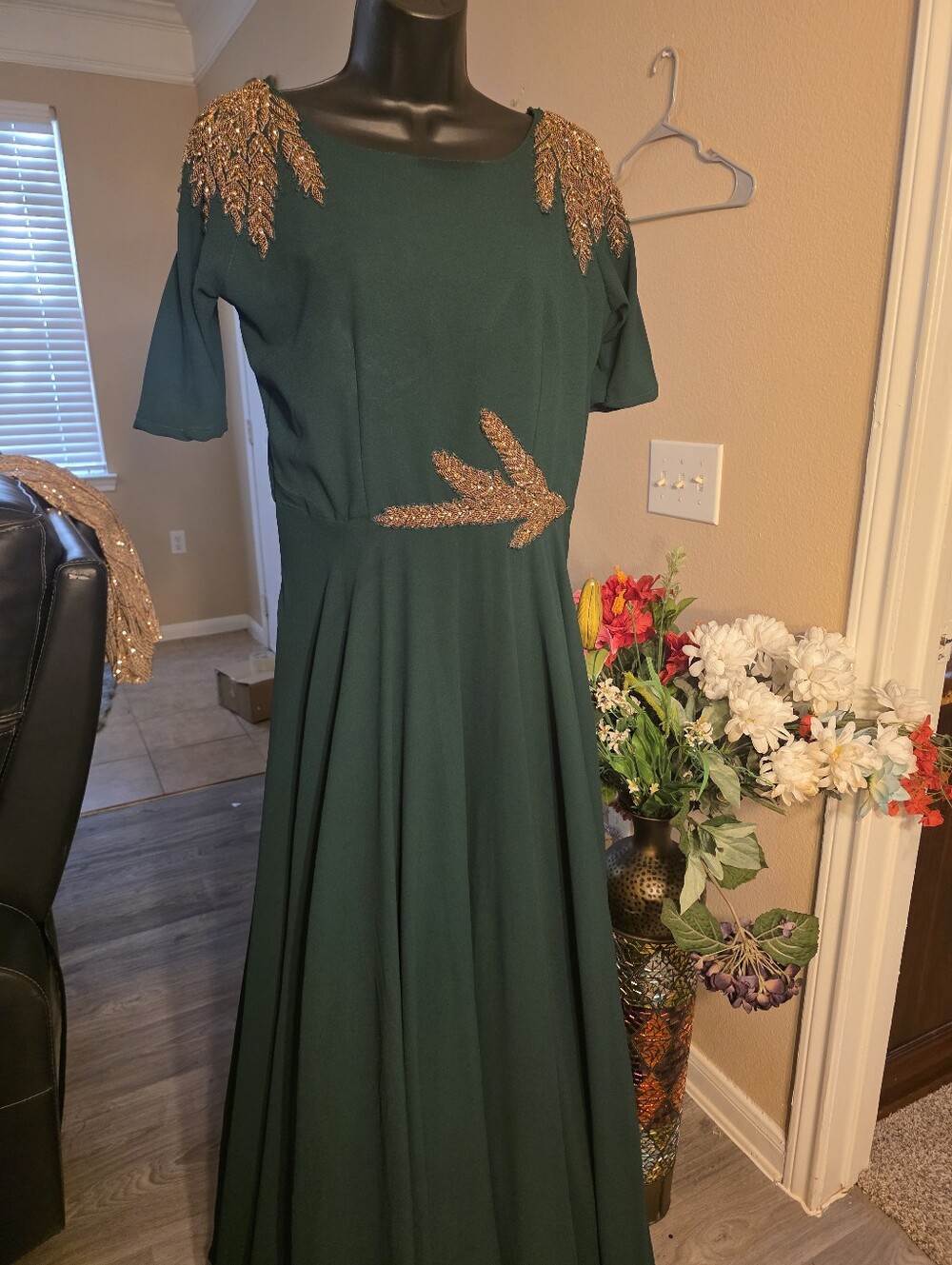 Emerald Green Maxi Dress with Gold Leaf Accents